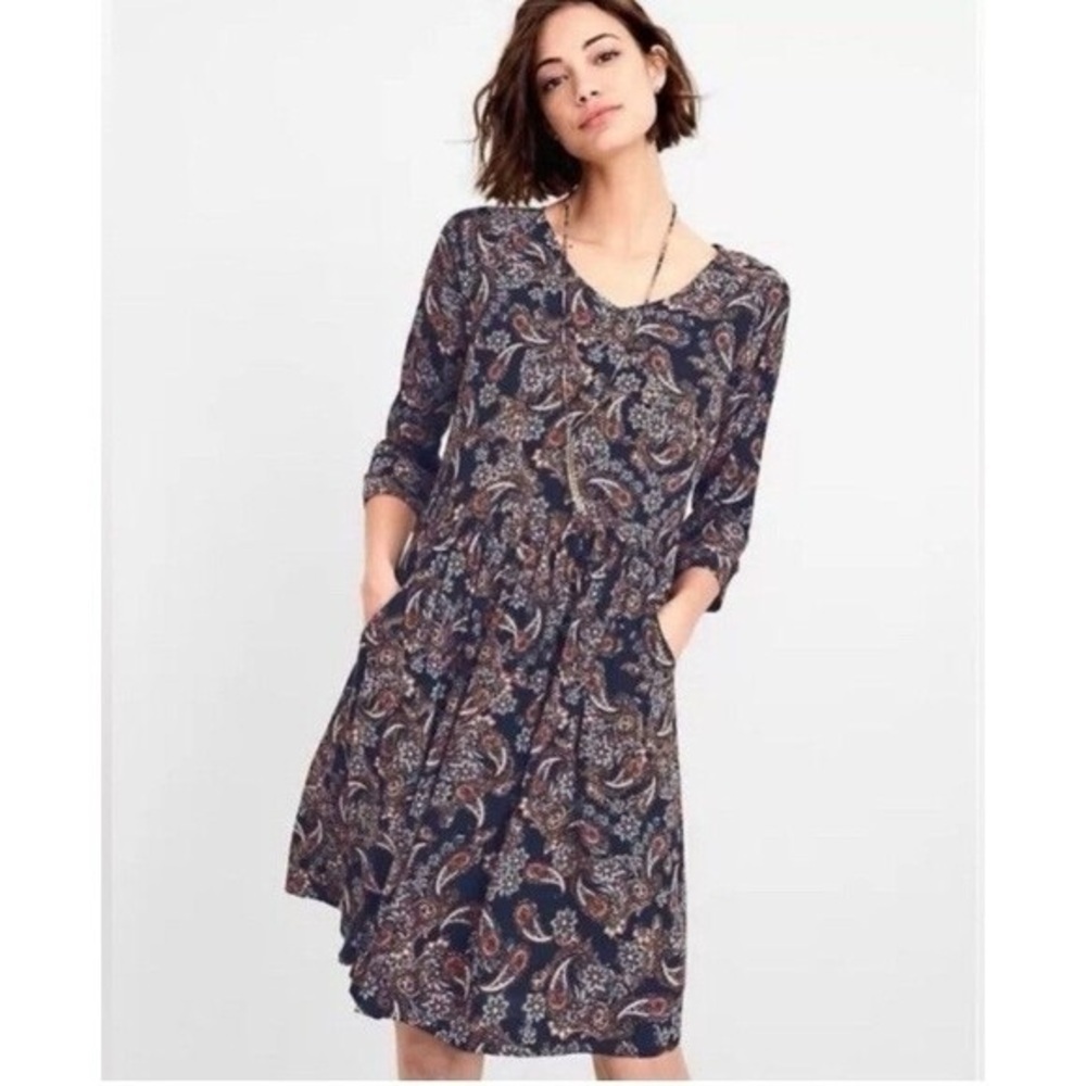 Garnet Hill Boho Flowy Paisley Dress - Navy and Brown Sz 6 3/4 Sleeve Pleats